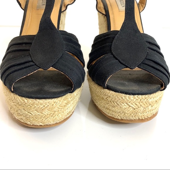 Steve Madden Women's Radley Espadrille Wedge T-Strap Peep Toe Sandal in Black - Picture 4 of 16